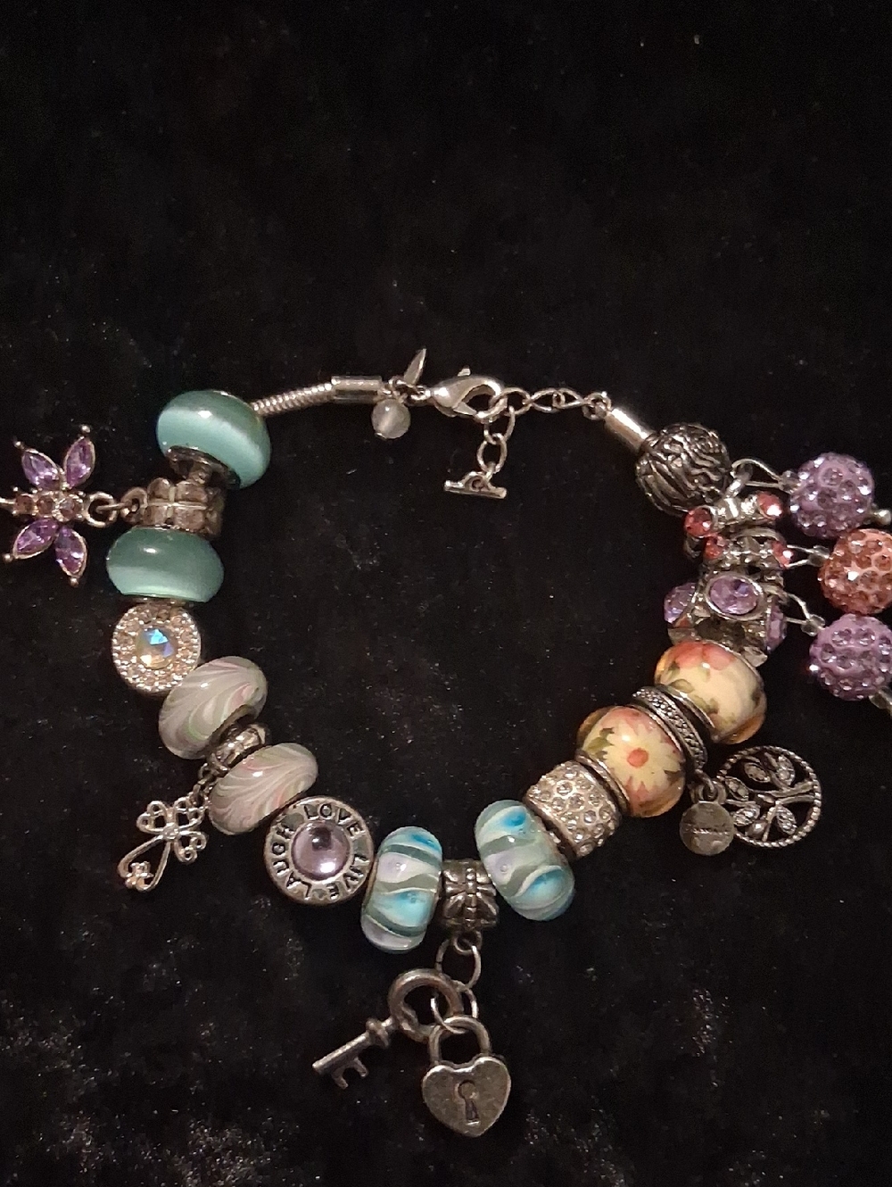 Silver Charm Bracelet with Turquoise, Lavender and Floral Beads Sz. 7 To 8